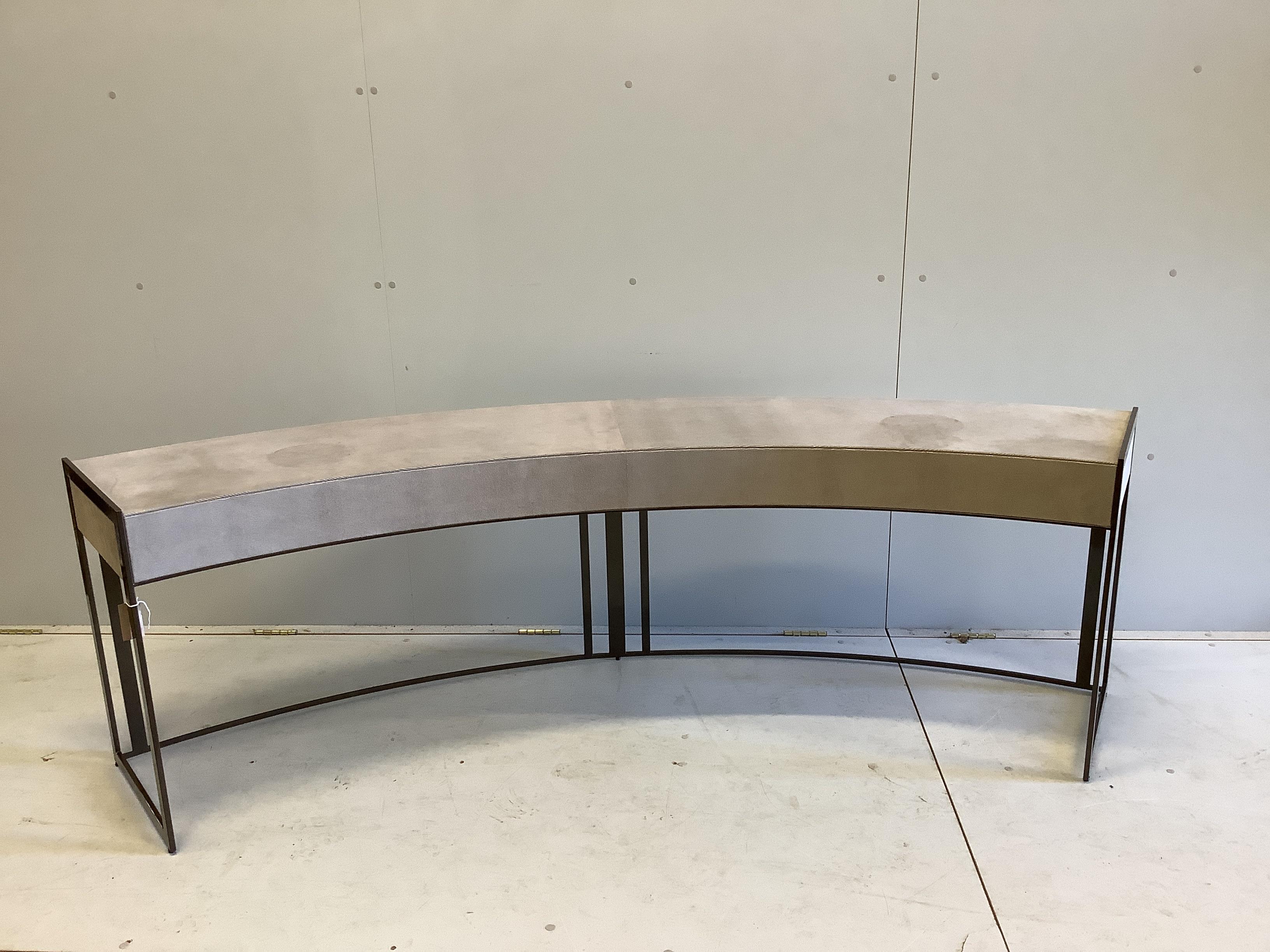 A Decca Furniture curved sofa console table in faux shagreen, 215cm, depth 40cm, height 66cm